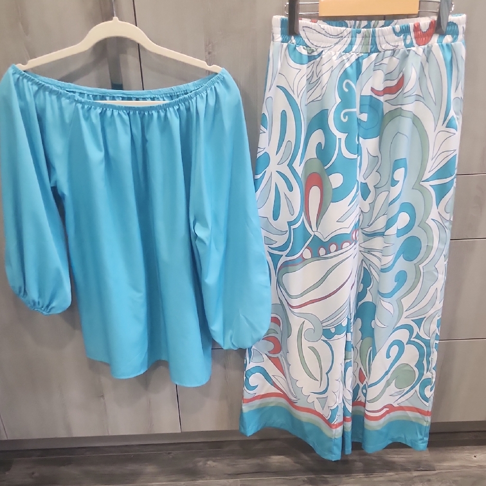 Stylish Blue Off-Shoulder Top and Patterned Pants Set